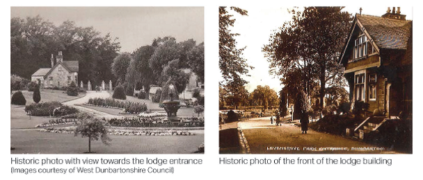 Historic photo with view towards the lodge entrance and the front of the lodge building