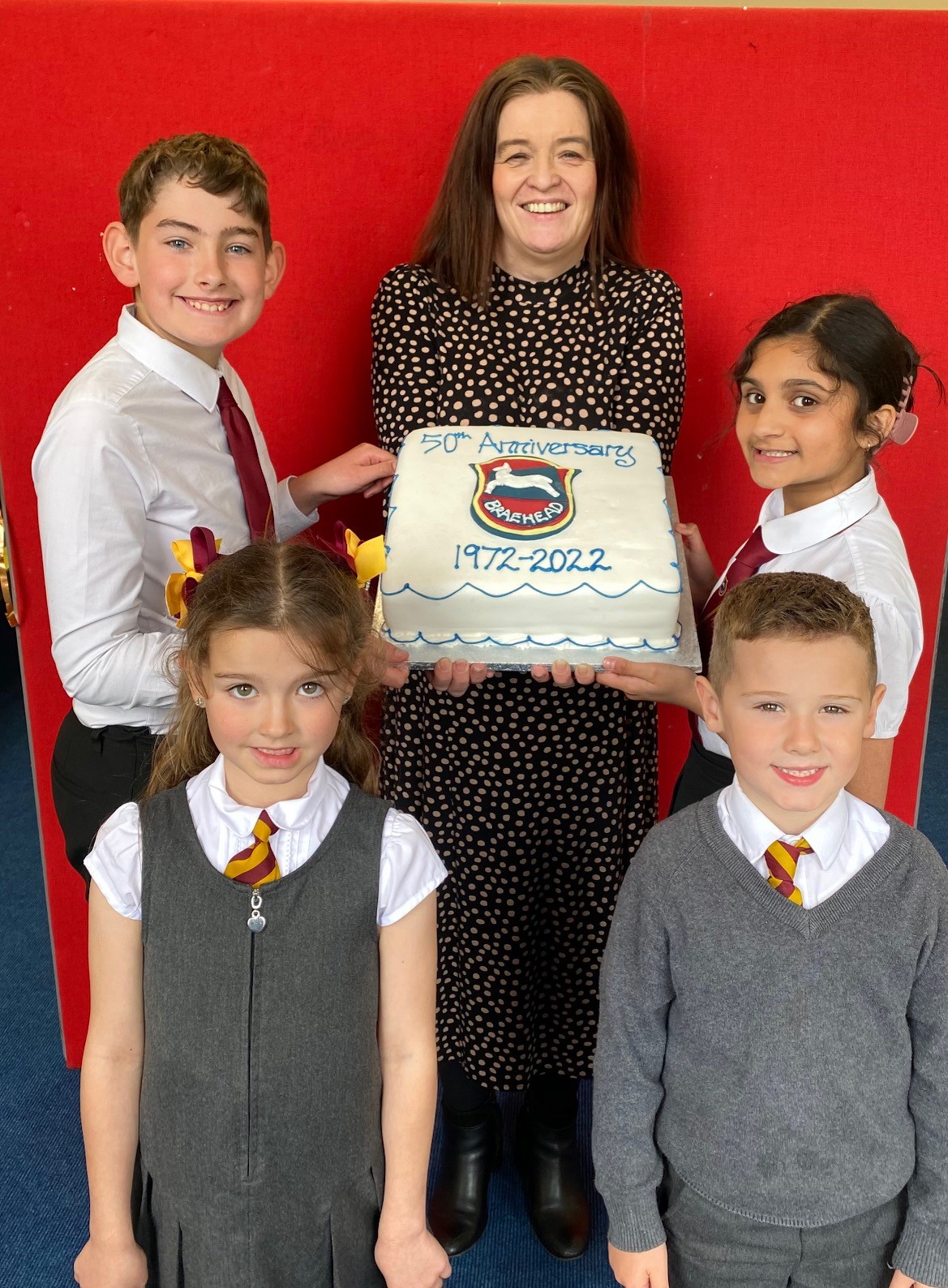 Head Teacher Anne McFarlane with pupils